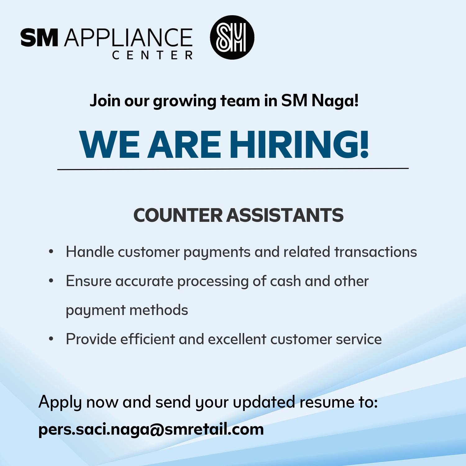 SM APPLIANCE IS HIRING COUNTER ASSISTANT!!